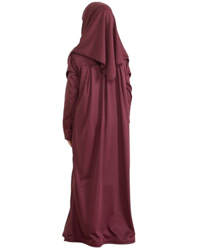 Prien Kids Prayer Dress Muslim Clothes for Girls Long Sleeve Abaya with Hijab Two Piece Maxi Islamic Set Scarf Kaftan Jilbab - color: Cherry