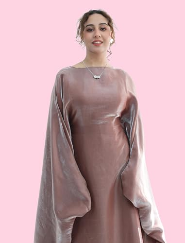 Dubai Bat Sleeve Dress Shiny Robe for Women Muslim 1pc Abaya Eid Prayer Clothes Soft Dubai Travel Party Dress Maxi Abaya - color: Dried Rosea, size: Large