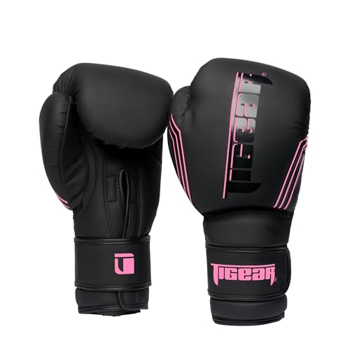 Tigear Surge Pro Boxing Gloves for Men Women & Kids | Engineered Leather Muay Thai Gloves, MMA Gear, Kickboxing Heavy Bag Training and Sparring - color: Black/Pink, size: 16 oz