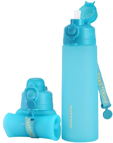 TakeToday Collapsible Water Bottles 21oz (600mL), Foldable Platinum Silicone Travel Water Bottle with Straw & Carry Strap, Leak-Resistant Screw Lid, Wide Mouth, BPA-Free for Hiking, Camping, Travel - color: Ocean Breeze