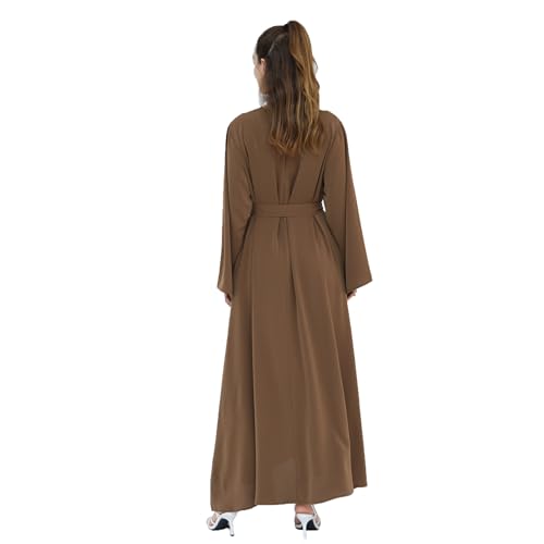 Women Abaya Dress with Belt Muslim Bell Sleeve Robe Islamic Prayer Jilbab | with Belt, A-line Skirt, Bell Sleeve - color: Dark Coffee, size: Medium