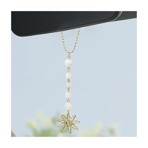 Sun Hanging Car Charm, Rear View Mirror Cute Boho Dangling Sun Car Decor Hanging Ornament, Handmade Healing Natural Crystals Stones Sun Catcher Mirror Pendant for Women Men (White) - color: White