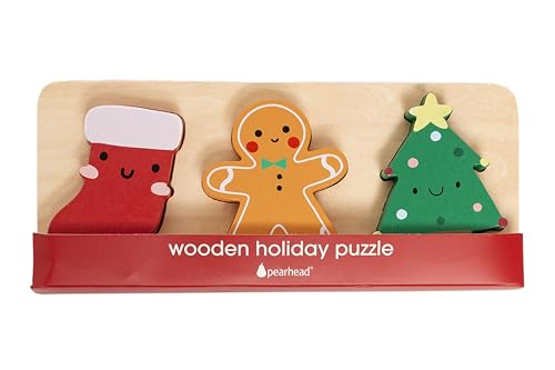 Pearhead 3 Piece Wooden Holiday Puzzle Set, Christmas Toy | Festive Wood Puzzle Trio, Holiday Learning Activity, Stocking Stuffer, Christmas Gift For Toddler or Children - color: Christmas