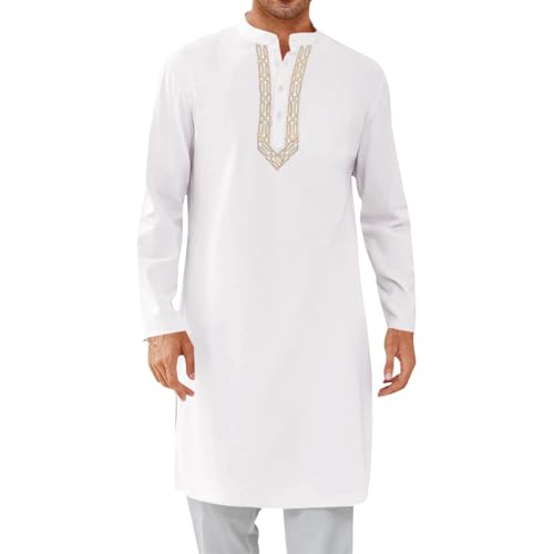 Linen Muslim Gown Shirt for Mens Loose Long Sleeve Casual Henley Shirts Kaftan Thobe Button Down Long Robes - color: White, size: 3X-Large