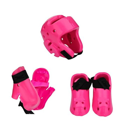 Martial Arts Karate Kenpo Taekwondo Sparring Gear Set with Kicks, Gloves and Head Gear - color: pink, size: 1-2 shoe, child glove