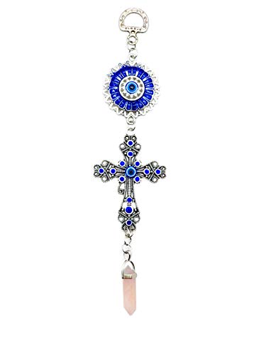 LUCKBOOSTIUM Blue Crystal Inlayed Cross & Mandala Evil Eye, Rose Quartz - color: Rose Quartz (Pink)