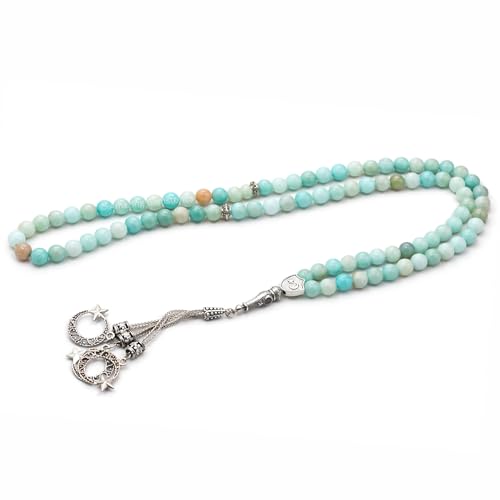 Amazing Gemstone Amazonite Tasbeeh with Moon and Star Charm - Certified Crystal Muslim Prayer Beads Natural Gemstone Tasbih Gift for Ramadan Dhikr and Daily Namaz (S) - color: Amazonite