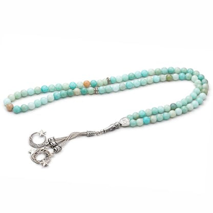Amazing Gemstone Amazonite Tasbeeh with Moon and Star Charm - Certified Crystal Muslim Prayer Beads Natural Gemstone Tasbih Gift for Ramadan Dhikr and Daily Namaz (S) - color: Amazonite