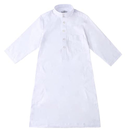IDOPIP Muslim Thobe for Boys Kids Long Sleeve Islamic Arabic Kaftan Robe Middle East Dubai Prayer Dress Clothes with Pockets - color: White, size: 7-8 Years