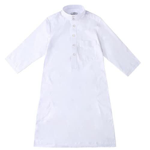Boy's Muslim Arab Islamic Kaftan Embroidered Robe Solid Color Thobe Islamic Arabic Abaya Ethnic Dress With Pockets - color: White Button, size: 9-10 Years