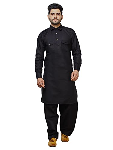 Pro-Ethic Style Developer Men Cotton Pathani Kurta Set Indian Wedding Dress | Traditional wear A-116 - color: Black, size: XX-Large