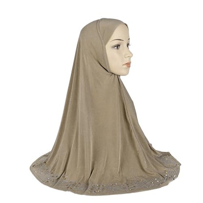 ZGMYC Women Shiny Rhinestones Muslim Hijab Elegant Long Turban Cap Head Wrap Scarf - color: Khaki(golden Beads & Rhinestones)