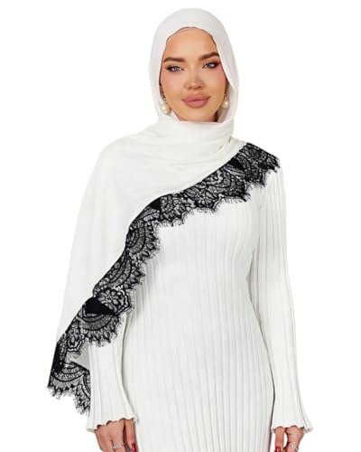 JUMISEE Elegant Floral Lace Hijab Scarf for Women Soft Cotton Head Wrap Instant Hijab Long Scarves Evening Dress Shawl - color: White With Black Lace Trim