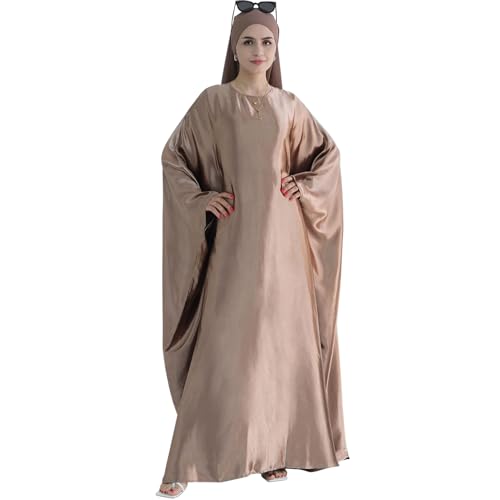 Abaya Muslim Dress Women Satin Prayer Dress Batwing Long Sleeve Middle East Arabian Robe with Hijab - color: Coffee, size: Size 2