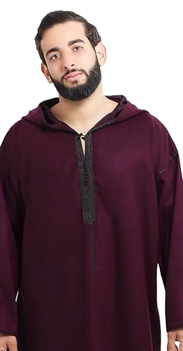 Moroccan Men Djellaba with Hood – Handmade Winter Jellaba Cotton Kaftan with Delicate Embroidery, Caftan Fits L–XL - color: Burgundy