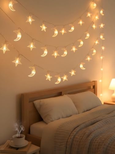 30 LED Star and Moon String Lights, Warm White Decorative Fairy Lights for Nursery, Bedroom, and Wedding Decor, Battery Operated - style: White Star Moon