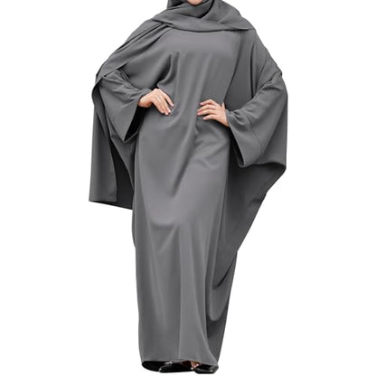IDOPIP Abayas for Women Muslim Dress with Hijab, One-Piece Long Sleeve Islamic Prayer Dress with Khimar Jilbab Kaftan Clothes - color: Gray (1pc Dress Only)