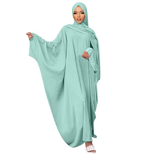 Muslim Dress for Women Pakistani Kaftan Abaya Robe + Hijab Arabic Islamic Prayer Clothes Dubai Outfits - color: Light Green Set