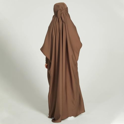 IBTOM CASTLE Girls Muslim Prayer Dress Long Sleeve Full Cover One Piece Hijab for Kids Kaftan Dubai Islamic Abaya Modest Robe - color: Brown, size: 12-13 Years