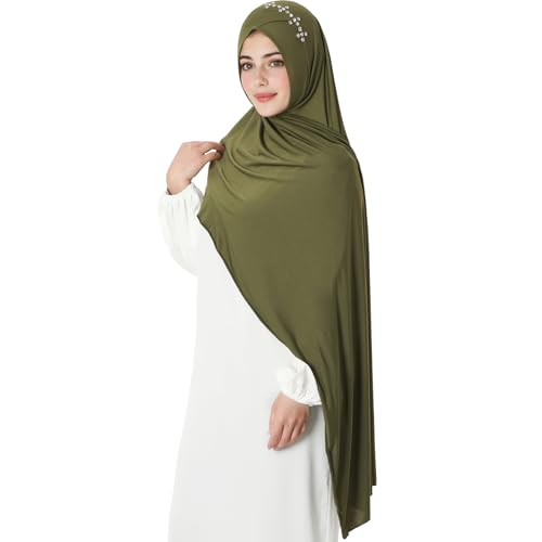 khalat Instant Hijab 여성용 무슬림 샤이니 라인스톤 데일리 스카프 부드럽고 신축성 있는 단색 이슬람 기도 히잡 - color: 아미 그린.