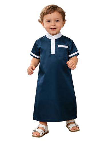 Muslim Toddler Baby Boys Ramadan Eid Outfit Thobe Arabic Islamic Abaya Dubai Robe Prayer Clothes - color: Navy Blue, size: 2-3T