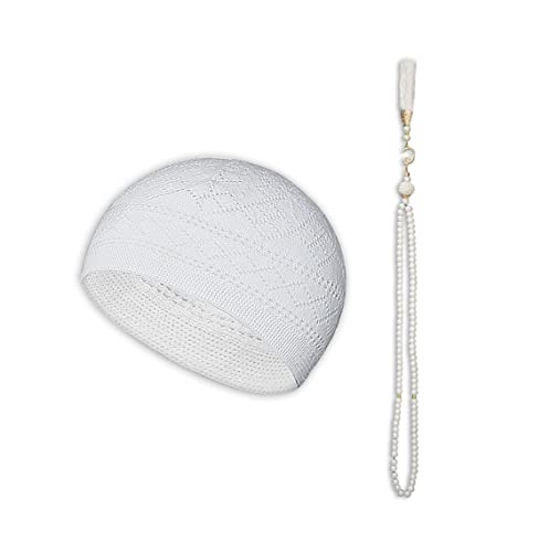ESERRA Kufi Hats for Men - Prayer Cap, Handicraft Taqiyah, Muslim Tasbih 99 Beads, Prayer Beads - color: White