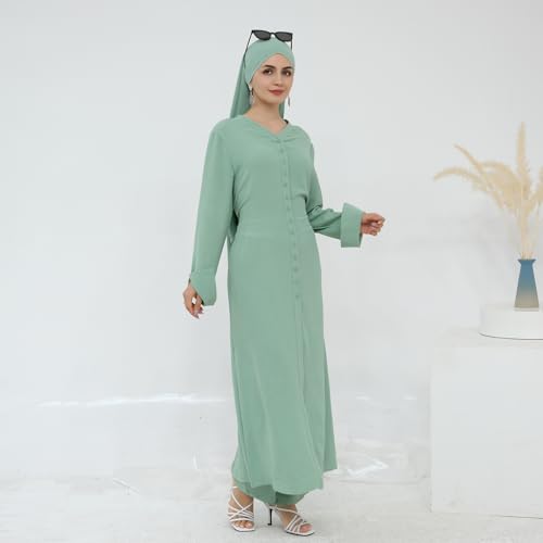 IDOPIP Muslim Women 2-Piece Set Long Sleeve Ramadan Islamic Abaya Dress Shirt with Pants Loose Fit Casual Dubai Prayer Outfit - color: Green, size: X-Large-XX-Large