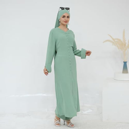 IDOPIP Muslim Women 2-Piece Set Long Sleeve Ramadan Islamic Abaya Dress Shirt with Pants Loose Fit Casual Dubai Prayer Outfit - color: Green, size: X-Small-Small