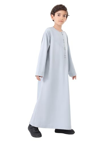 OBEEII Boy's Muslim Thobe Arab Long Sleeve Abaya Kaftan Robe Eid Ramadan Islamic Middle East Dubai Prayer Dress with Pockets - color: Gray, size: 12-13 Years