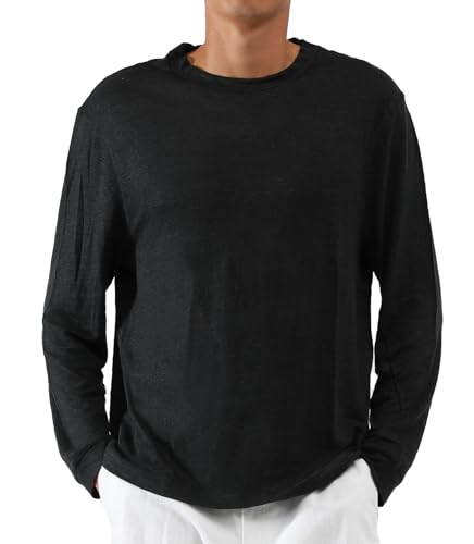 CLSEN Men's 100% Linen Long Sleeve Tee – Relaxed Crewneck - color: Navy, size: Medium