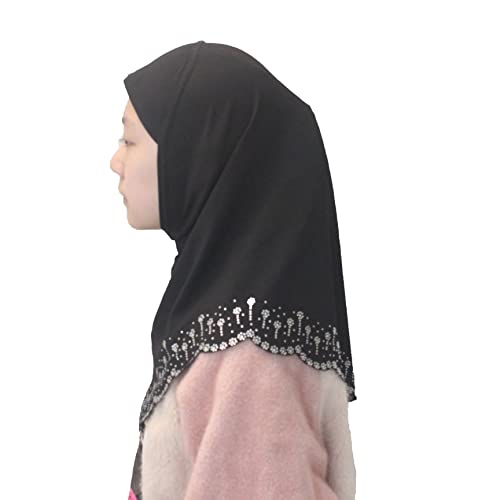 Girls Hijab with Rhinestones – Sparkly Non-Slip Amira Scarf for Kids, for Daily Prayer, School, Ramadan & Eid (Ages 4-12) - color: Black-wavy Edge