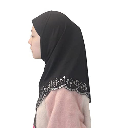 Girls Hijab with Rhinestones – Sparkly Non-Slip Amira Scarf for Kids, for Daily Prayer, School, Ramadan & Eid (Ages 4-12) - color: Black-wavy Edge