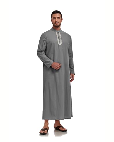 Jacansi Men's 65% Cotton 35% Linen Kaftan Robe, Henley Button Down Thobe, Long Sleeve Casual Gown with Pockets - color: Dark Grey, size: 3X-Large
