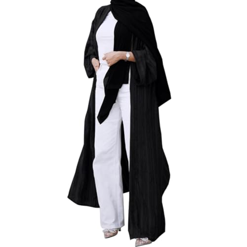 Womens Muslim Kimono Abaya Solid Striped Retro Ethnic Cardigan Robe Dubai Middle Eastern Saudi Arabia Eid Clothes - color: Black Long Cardigan, size: Medium