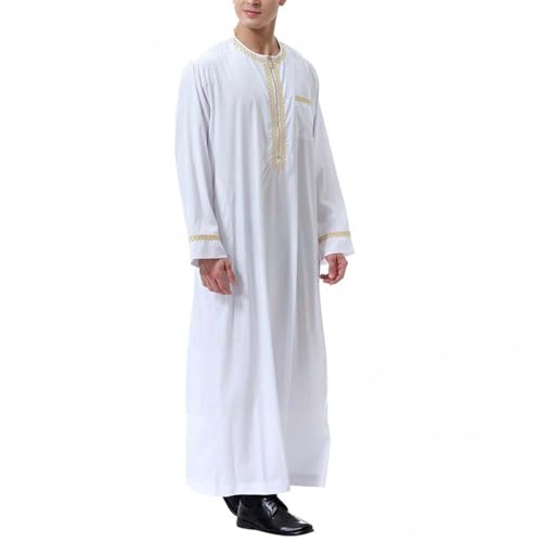 Muslim Robe for Men Arab Long Sleeve Kaftan Islamic Arabic Abaya Thobe Ramadan Middle East Islamic Cloth Shirt Gown - color: White, size: Medium