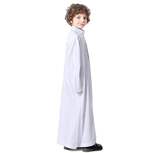 Boy's Muslim Arab Islamic Kaftan Embroidered Robe Solid Color Thobe Islamic Arabic Abaya Ethnic Dress With Pockets - color: White Button, size: 13-14 Years