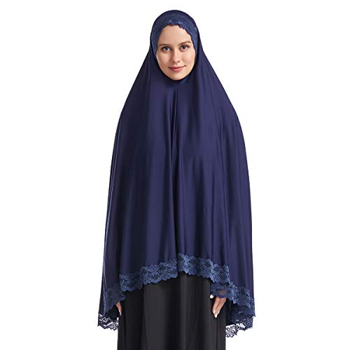 Muslim High Stretch Hijab Pure Color Half-body Cover Hijab with Lace for Praying - color: Navy, size: X-Large