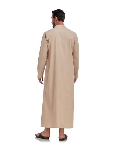 Jacansi Men's 65% Cotton 35% Linen Kaftan Robe, Henley Button Down Thobe, Long Sleeve Casual Gown with Pockets - color: Khaki, size: XX-Large