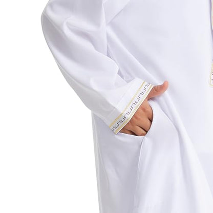 Muslim Thobe for Boys Islamic Thobe Long Sleeve Kaftan Stand Collar Button 𝐑obe Kids Ramadan Eid Outfit Prayer Clothes - color: White, size: 7-8 Years