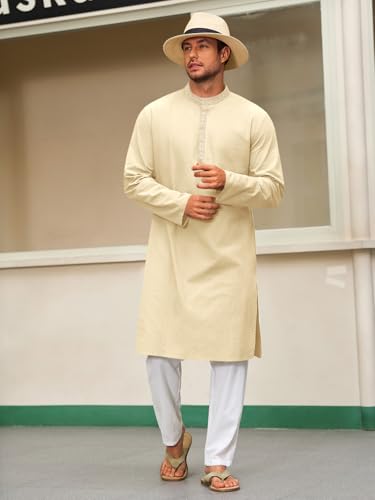 Runcati Mens Cotton Kaftan Robe Long Sleeve Button Down Henley Shirts Thobe Casual Side Split Gown Shirt - color: Beige, size: Large