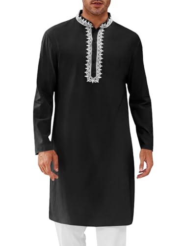 Runcati Mens Kaftan Thobe Cotton Henley Shirt Long Sleeve Embroidery Robe Casual Kurta Muslim Gown Shirt - color: Black, size: X-Large