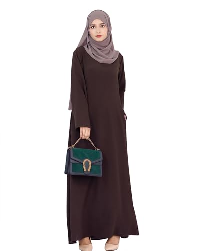 Solid Color Women Abaya Modest Muslim Prayer Robe Long Sleeve Dubai Maxi Dress Islamic Lightweight Dress - color: Brown, size: X-Large