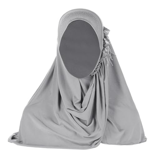 Women Soft One Piece Hijab Long Muslim Turban Islamic Full Head Scarf - color: 3 Flowers/Grey