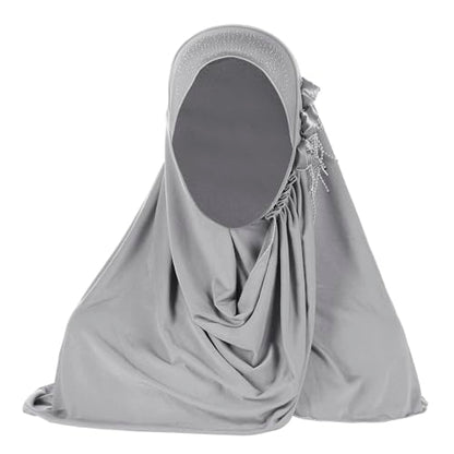 Women Soft One Piece Hijab Long Muslim Turban Islamic Full Head Scarf - color: 3 Flowers/Grey