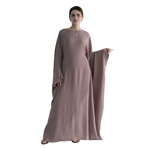 Abaya 무슬림 여성용 드레스 배트윙 슬리브 루즈핏 맥시 겸손한 이슬람 의류 히잡 스카프 포함 기도 드레스 - color: 그레이 라일락