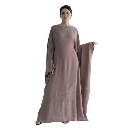 Abaya 무슬림 여성용 드레스 배트윙 슬리브 루즈핏 맥시 겸손한 이슬람 의류 히잡 스카프 포함 기도 드레스 - color: 그레이 라일락