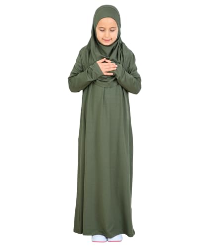 Prien Kids Muslim Prayer Dress With Hijab & Pouch, Soft Viscose Abaya For Girls, Islamic Clothes, Robe For Eid, Ramadan - color: Khaki