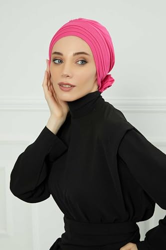Aisha's Design Instant Turban Head Wraps for Women, Combed Cotton Scarf Lightweight Pre tied Hijab with Back Rose Detail - color: Fuchsia