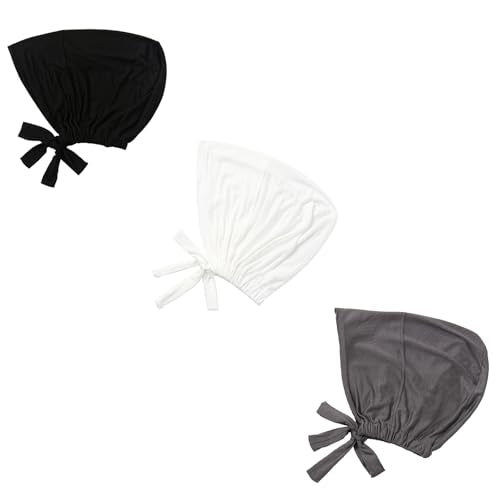 3PCS Under Hijab Head Cap Muslim Under Scarf Hijab Solid Color Women Under Scarf Hat Stretchy Sleeping Cap - color: Black,white,deep Grey