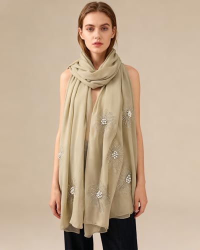 Chiffon Hijab Scarf for Women Muslim Hijab Head Wrap Scarves Soft Rhinestone Chiffon Scarf Fashion Long Scarves Shawl - color: Khaki